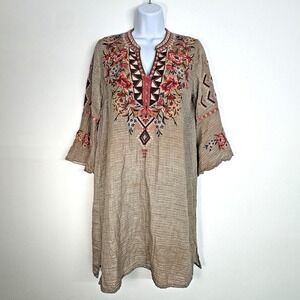 JOHNNY WAS Workshop Embroidered Kirpa Circle Sleeve Boho Dress Taupe Cotton XS